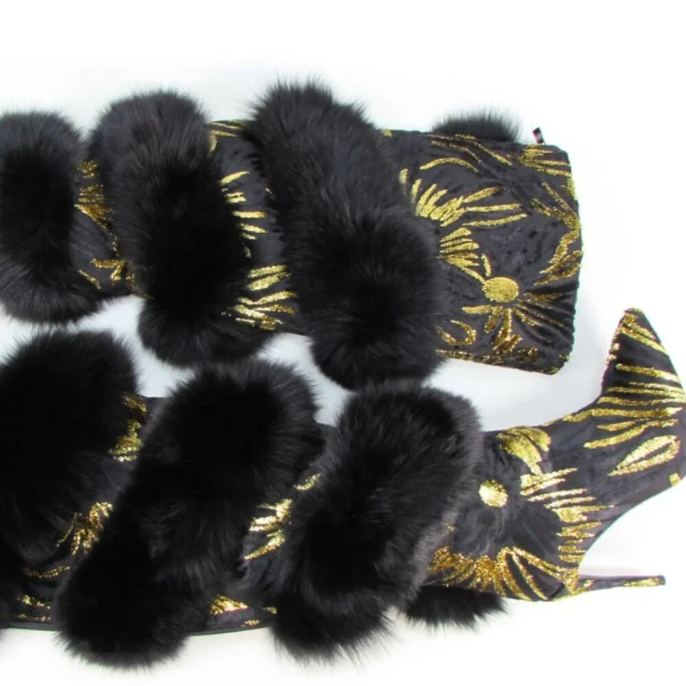 Jennifer Le BLK GLD X (RUNWAY) Thigh Boots RETAILS $1,150 REAL LEATHER & FOX FUR